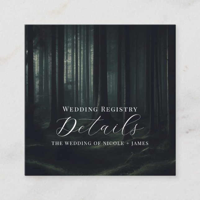 Dark Moody Forest Trees Twilight Wedding Details Square Business Card (Front)