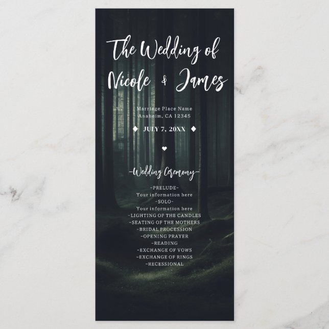 Dark Moody Forest Trees Twilight Wedding Program (Front)
