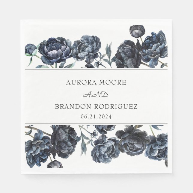 Dark Moody Gothic Blue Floral Wedding Napkin (Front)