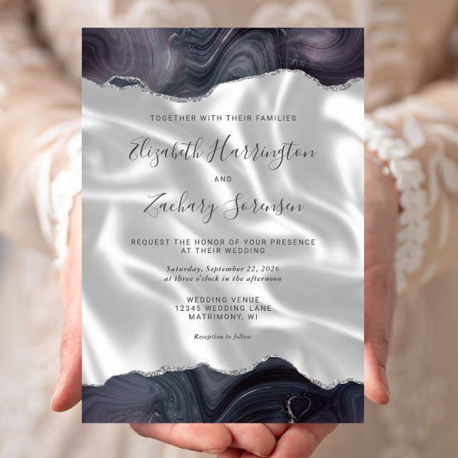 Dark Moody Grey Silver Agate White Silk Wedding Invitation (Creator Uploaded)