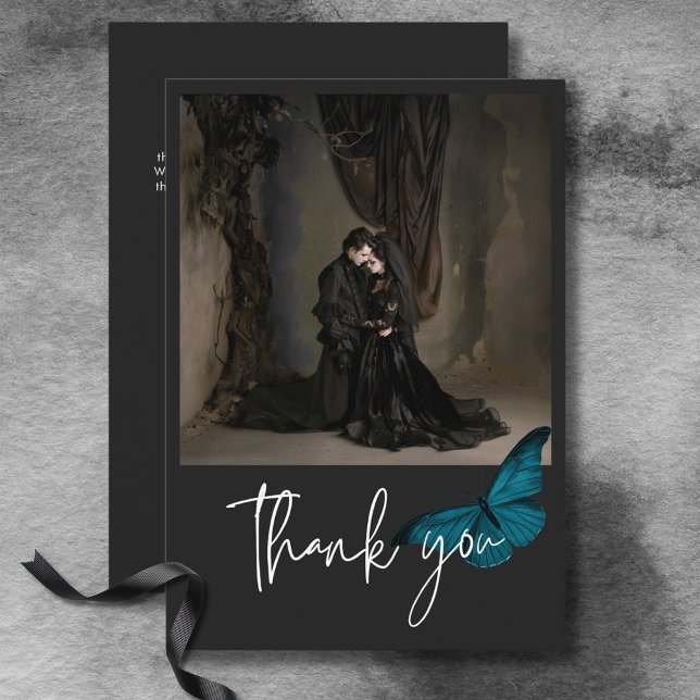 Dark Moody Minimal Teal Blue Photo Wedding Thank You Card (Dark Moody Minimal Teal Blue Photo Wedding Thank You Card)