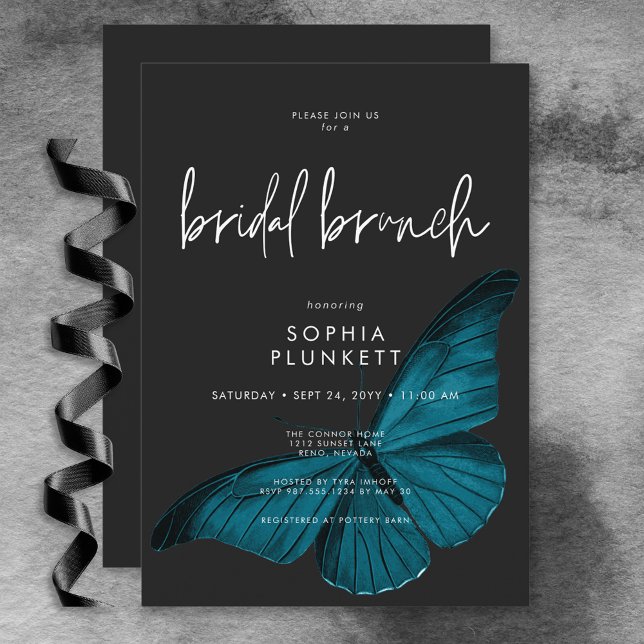Dark Moody Minimal Teal Moth Bridal Brunch Invitation (Dark Moody Minimal Teal Moth Bridal Brunch Invitation)