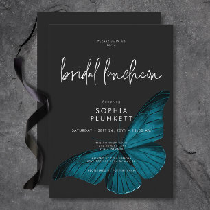 Dark Moody Minimal Teal Moth Bridal Luncheon Invitation