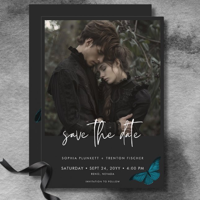 Dark Moody Minimal Teal Moth Photo Wedding Save The Date (Dark Moody Minimal Teal Moth Photo Wedding Save The Date)