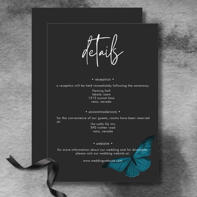 Dark Moody Minimal Teal Moth Wedding Details Enclosure Card (Dark Moody Minimal Teal Moth Wedding Details Enclosure Card)