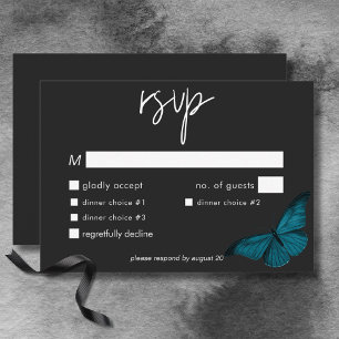 Dark Moody Minimal Teal Moth Wedding Dinner RSVP Card