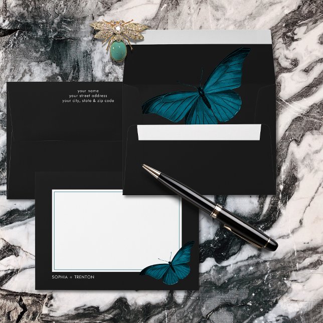 Dark Moody Minimal Teal Moth Wedding Envelope (Creator Uploaded)