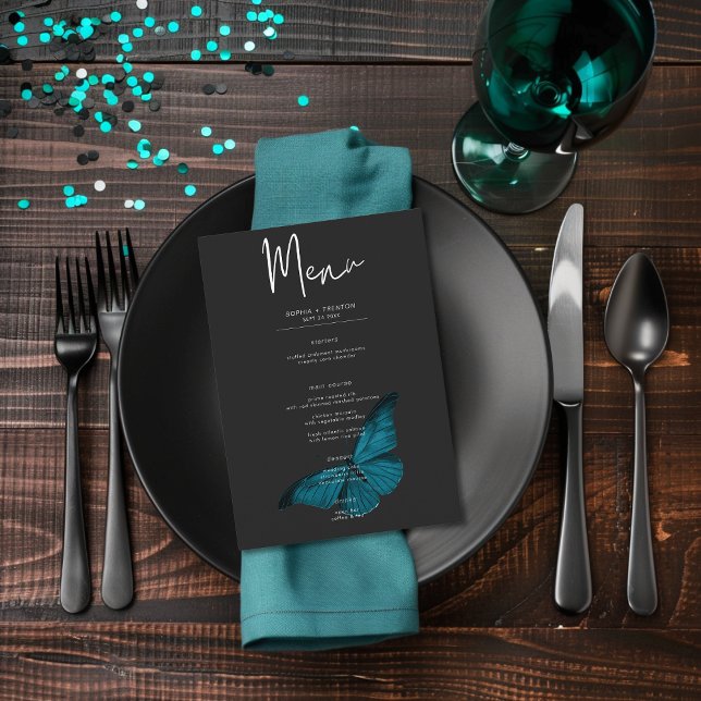 Dark Moody Minimal Teal Moth Wedding Menu (Creator Uploaded)