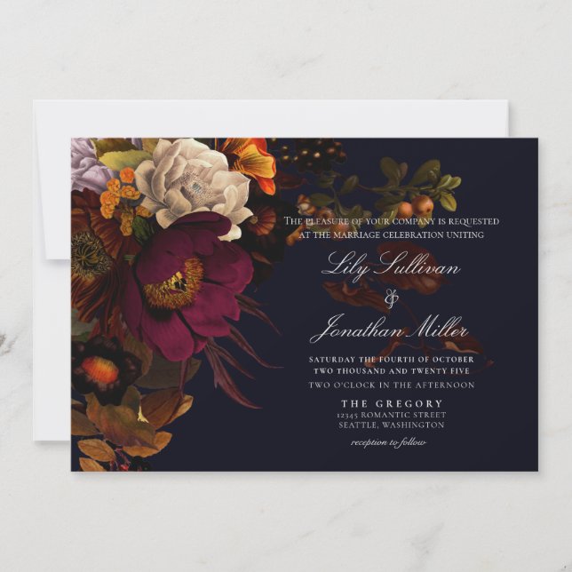 Dark Moody Night Autumn Floral Wedding Invitation (Front)