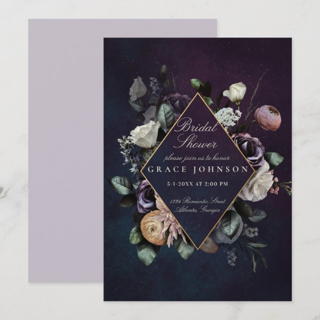 Dark Moody Night Floral Wedding Bridal Shower Invitation (Front/Back)