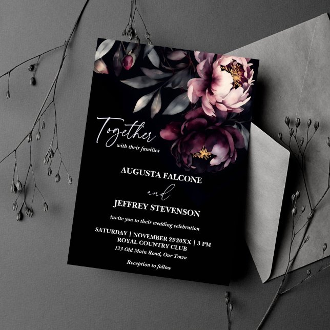 Dark moody noir elegant all in one wedding invitation (Dark moody noir elegant all in one wedding template invitation digital download burgundy peonies)