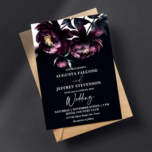 Dark moody noir elegant all in one wedding invitation (Dark moody noir peonies elegant all in one wedding editable template invitation digital download )