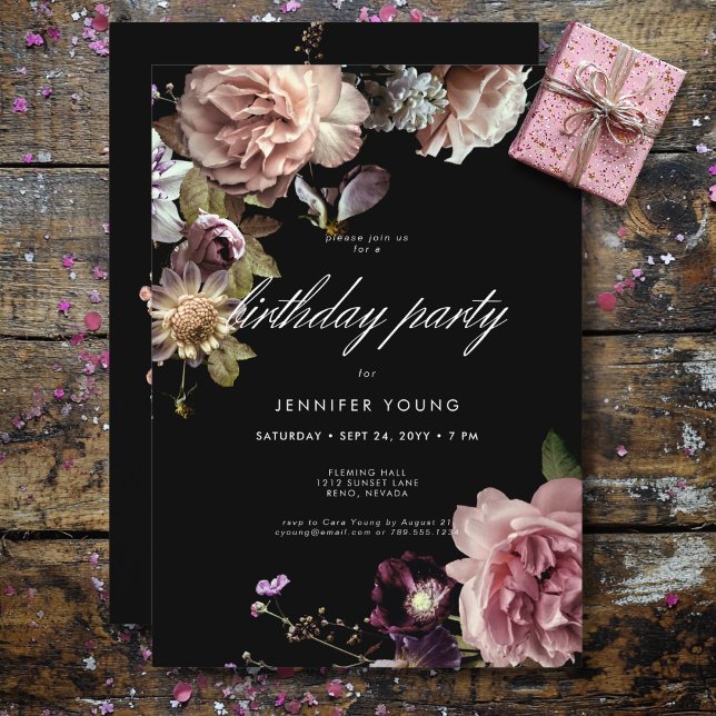 Dark Moody Pastel Opulent Floral Black Birthday Invitation (Dark Moody Pastel Opulent Floral Black Birthday Invitation)