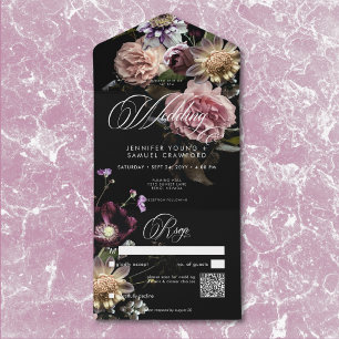 Dark Moody Pastel Opulent Floral Black QR Code All In One Invitation