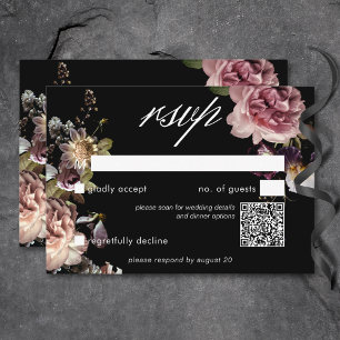 Dark Moody Pastel Opulent Floral Black QR Code RSVP Card