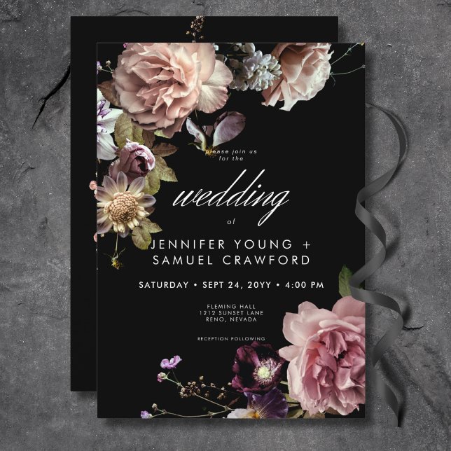 Dark Moody Pastel Opulent Floral Black Wedding Invitation (Dark Moody Pastel Opulent Floral Black Wedding Invitation)