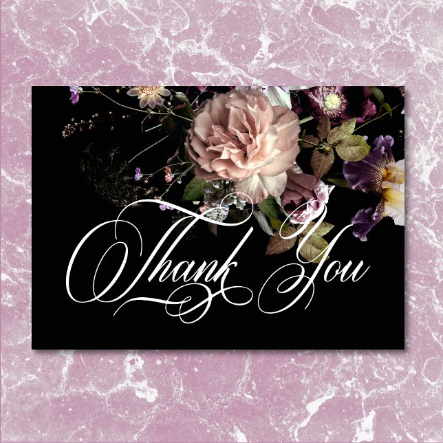 Dark Moody Pastel Opulent Floral Black Wedding Thank You Card (Dark Moody Pastel Opulent Floral Black Wedding Thank You)