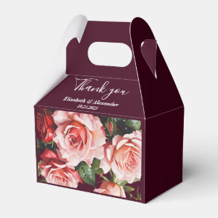 Dark moody pink and red roses burgundy wedding favor box