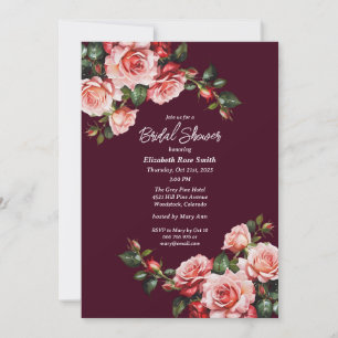 Dark moody pink and red roses burgundy wedding invitation