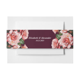 Dark moody pink and red roses burgundy wedding invitation belly band