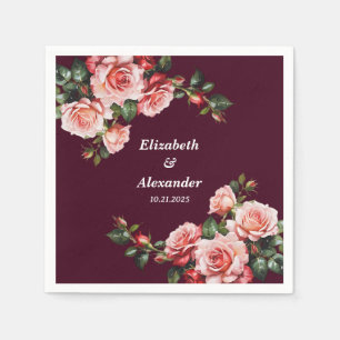 Dark moody pink and red roses burgundy wedding  napkin