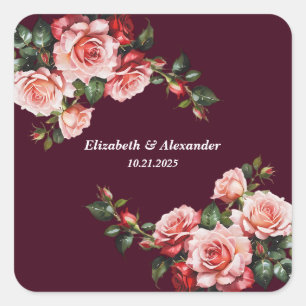 Dark moody pink and red roses burgundy wedding square sticker