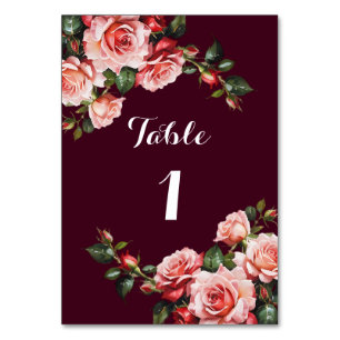 Dark moody pink and red roses burgundy  wedding table number