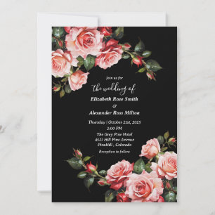 Dark moody pink and red roses floral wedding invitation