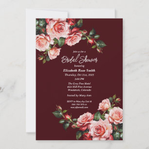 Dark moody pink and red roses maroon bridal shower invitation