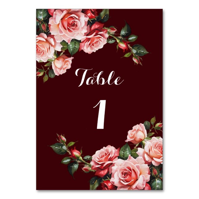 Dark moody pink and red roses maroon wedding table number (Front)