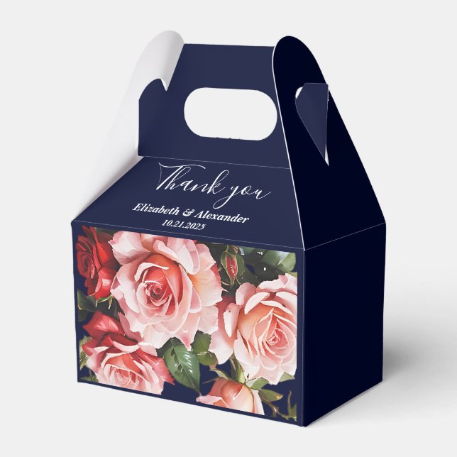 Dark moody pink and red roses navy blue wedding  favor box (Front Side)