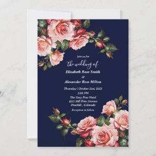 Dark moody pink and red roses navy blue wedding invitation