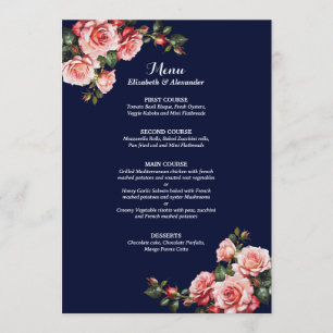 Dark moody pink and red roses navy blue wedding menu