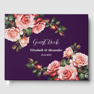 Dark moody pink and red roses purple wedding guest book
