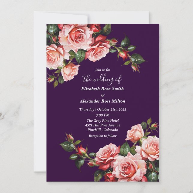 Dark moody pink and red roses purple wedding invitation (Front)