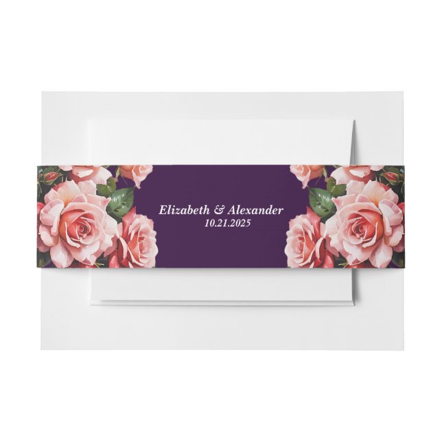 Dark moody pink and red roses purple wedding invitation belly band (Front Example)