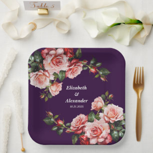 Dark moody pink and red roses purple wedding paper plate