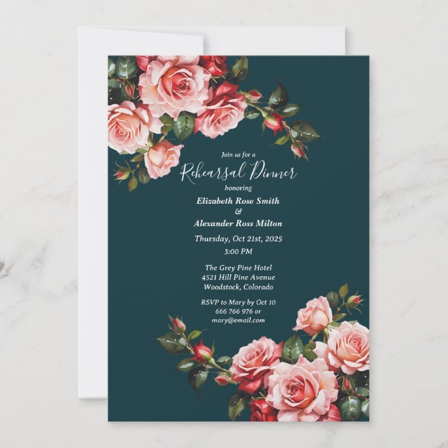Dark moody pink and red roses Rehearsal Dinner Invitation (Front)