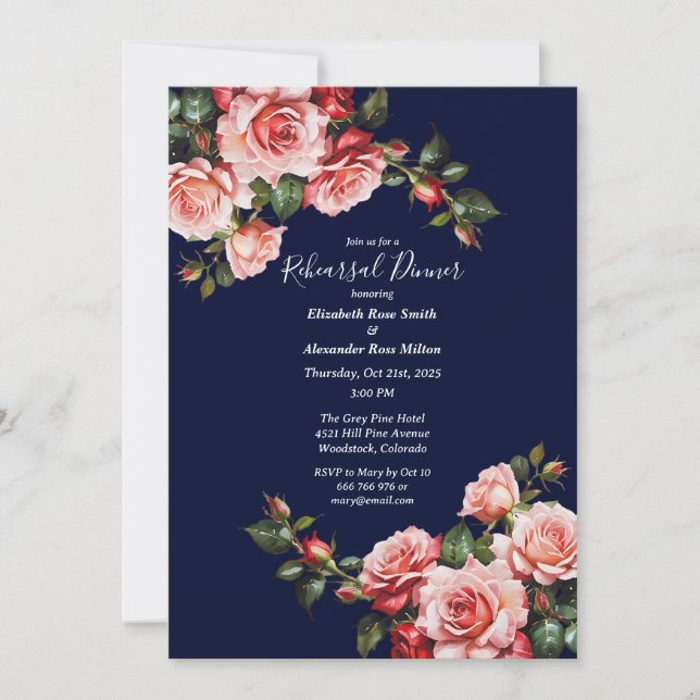 Dark moody pink and red roses Rehearsal Dinner Invitation (Front)