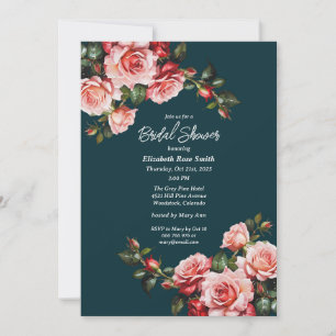 Dark moody pink and red roses teal bridal shower invitation