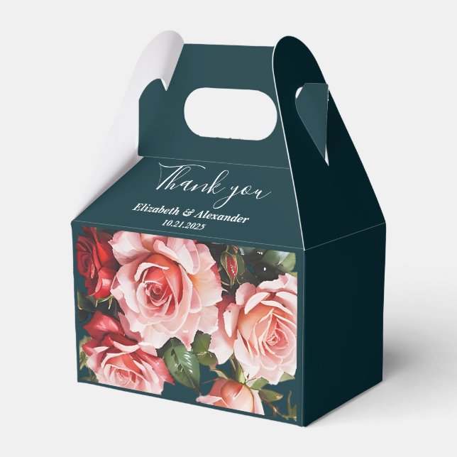 Dark moody pink and red roses teal wedding  favor box (Front Side)