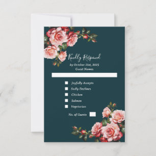 Dark moody pink and red roses teal wedding RSVP card