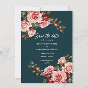 Dark moody pink and red roses teal wedding save the date
