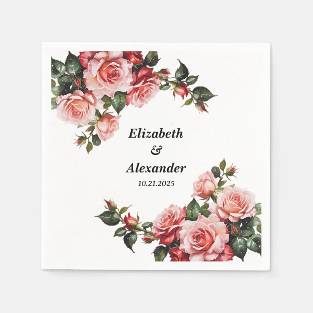 Dark moody pink and red roses wedding napkin (Front)