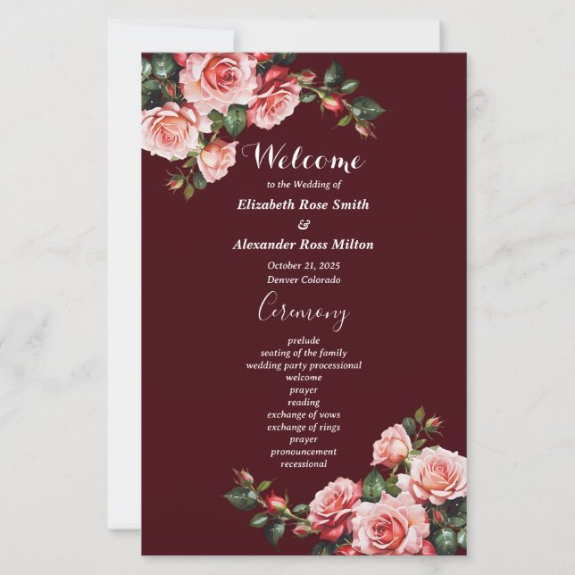 Dark moody pink red roses maroon wedding program (Front)