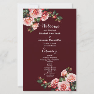 Dark moody pink red roses maroon wedding program