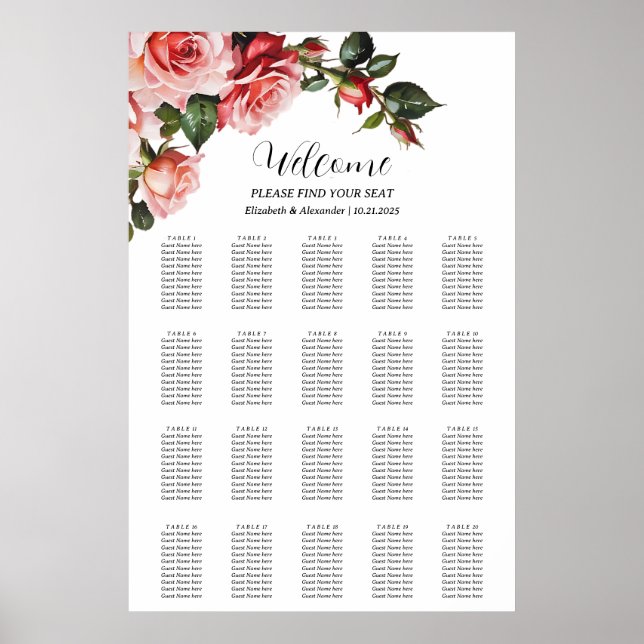 Dark moody pink red roses wedding seating chart (Front)