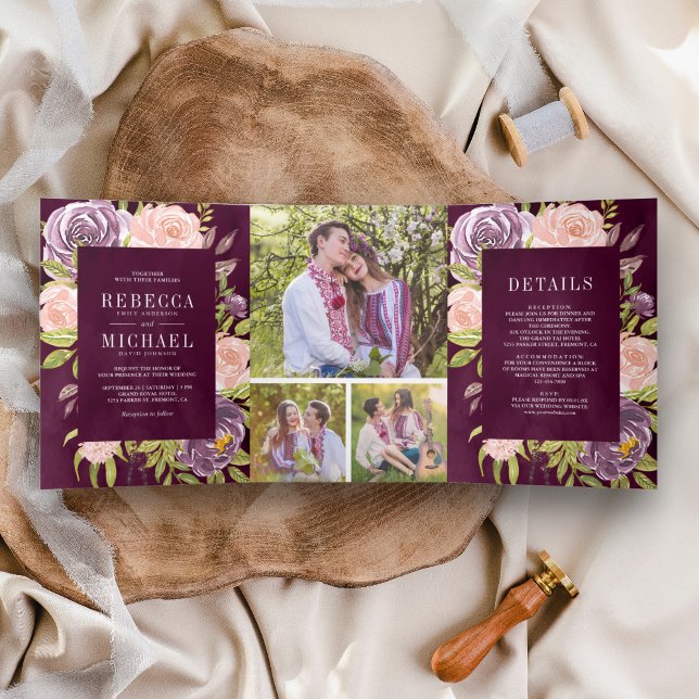 Dark Moody Plum Purple Blush Pink Floral Wedding Tri-Fold Invitation (Creator Uploaded)