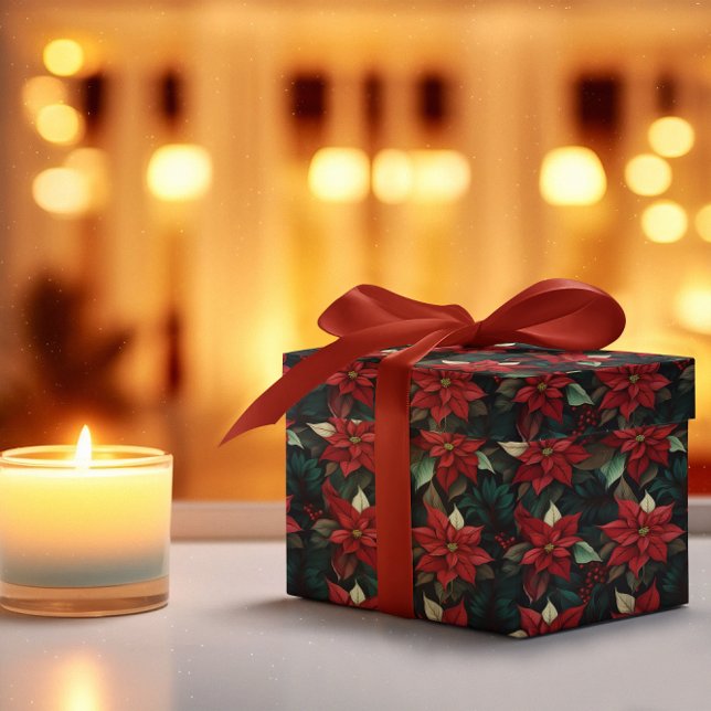 Dark Moody Poinsettia Floral Winter Holiday Wrapping Paper (Elegant Dark and Moody Poinsettia Floral Christmas and Winter Holiday Wrapping Paper)