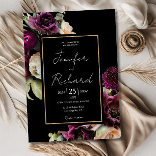 Dark & Moody Purple Bloom Bloom Black Wedding Invitation